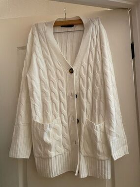 Cream Cable-Knit Button Front Cardigan with Patch Pockets